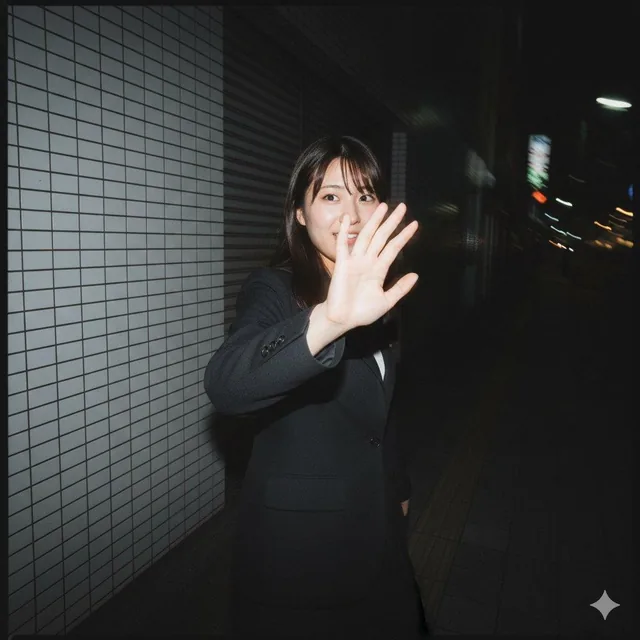 Ultra-realistic candid smartphone photograph of a woman walking at night in Tokyo, captured with motion blur and flash lighting, showing a spontaneous reaction to being photographed with a shy smile and hand raised near the lens.
