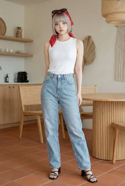 A woman wearing a white sleeveless tank top with crew neck and fitted silhouette, paired with high-waisted light blue straight-leg jeans featuring a vintage wash. She accessorizes with black strappy block heel sandals, a red bandana scarf as a hair accessory, and dark sunglasses, creating an effortl