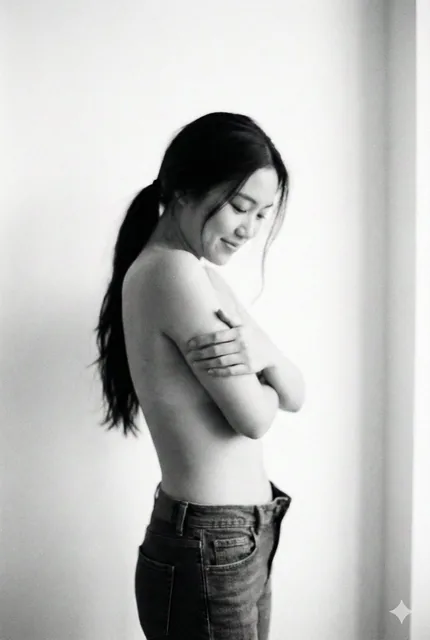 A black and white monochrome photograph of a young Asian woman with a ponytail, standing in side profile against a simple white wall. She is topless with unbuttoned jeans, arms crossed tightly over her chest, looking down shyly with a gentle smile. The image features extreme soft focus, heavy film g