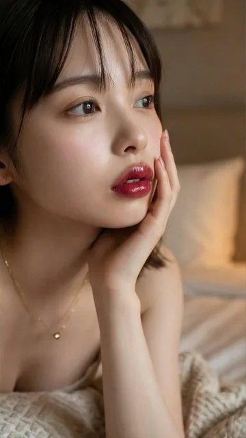 A close-up portrait of a woman at dawn, featuring intimate and introspective beauty. Side backlighting sculpts the S-curve from cheek to jaw. The image emphasizes texture contrast between porcelain skin and high-gloss lips, using soft, warm, low-contrast lighting to maximize skin translucency.