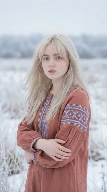 A photorealistic portrait of Sadie Sink in a traditional Eastern European folk tunic, standing in a frost-covered winter field under overcast light, with ethereal features and a serene expression.