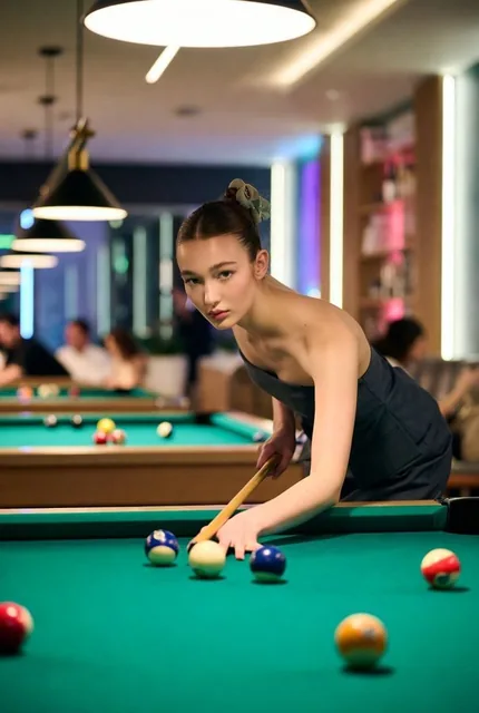 A photorealistic editorial photograph of a stylish young woman taking a pool shot in a modern luxury billiards lounge, featuring soft warm lighting, a green felt table, and a blurred background with ambient neon accents.