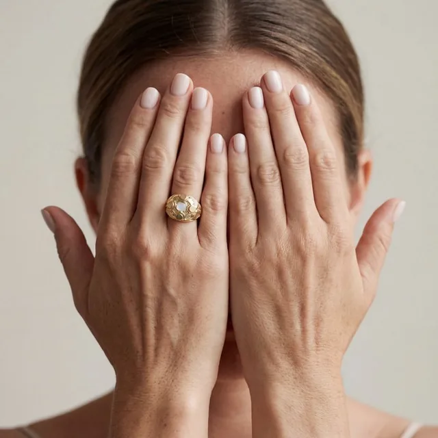 A photorealistic lifestyle photograph of a female model wearing a single gold ring in a minimal elegant setting, showcasing the ring's refined craftsmanship with natural lighting and soft shadows, focused on the hand resting naturally on the waist or surface.