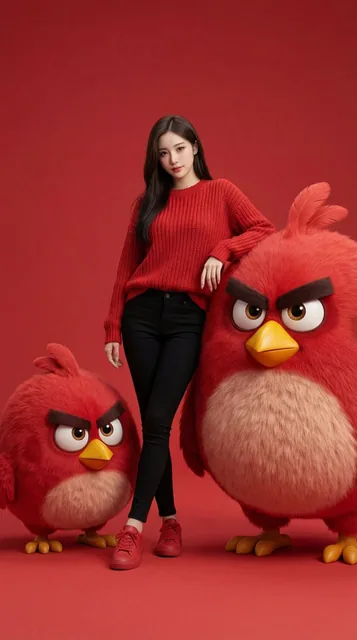 A high-resolution fashion studio portrait of a confident young woman in a red knit sweater and black pants, casually leaning on two oversized fluffy 3D cartoon red birds with yellow beaks, set against a clean monochrome red background with soft lighting.