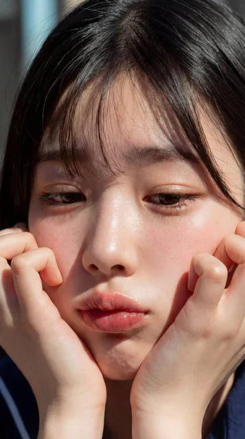 An extreme close-up portrait in natural daylight, highlighting realistic skin texture, pores, subsurface scattering, and individual hair highlights with a strong sense of intimacy and raw emotion.