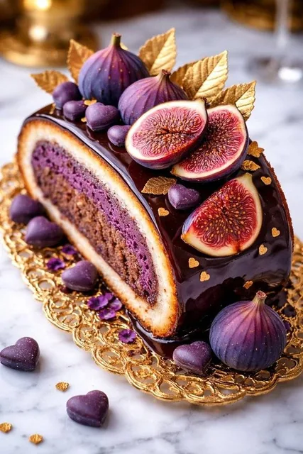 A series of three luxurious cakes presented in 8K ultra-high definition. The first is a dark chocolate log cake with figs and gold leaf, the second is a chocolate roll with an orange spiral and sugar lattice, and the third is a delicate golden sponge cake with honeycomb lace and ice cream. All are s