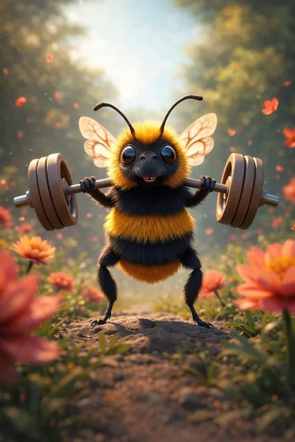 Two distinct scenes featuring anthropomorphic bees. One bee is lifting a barbell in a natural outdoor setting with flowers and trees. The other bee is reclining on a yellow lounge chair, wearing sunglasses and holding a Pepsi can against a minimal gray studio background.