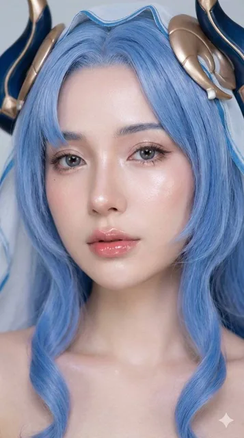 A fashion photography portrait of a character with pale skin and long straight black hair, featuring dewy glass skin with a soft luminous glow, glossy lips, and soft shimmer eyeshadow, captured with a ring light and an 85mm lens.