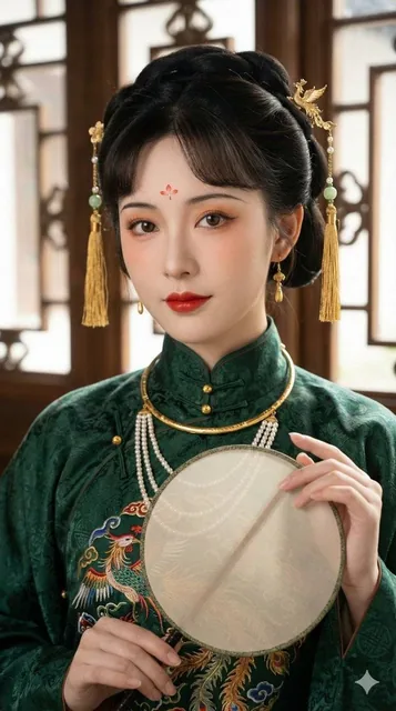 Medium shot portrait of a Ming Dynasty noblewoman with porcelain skin, wearing a dark emerald green Aoqun with gold phoenix embroidery and a gold torque necklace, holding a delicat
