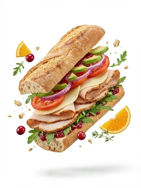A premium commercial food photograph of a dish on a seamless white background. The composition features a floating multilayer arrangement with ingredients and garnishes gently suspended in the air, creating dynamic depth. Bright studio lighting with soft highlights enhances the shape, texture, and f