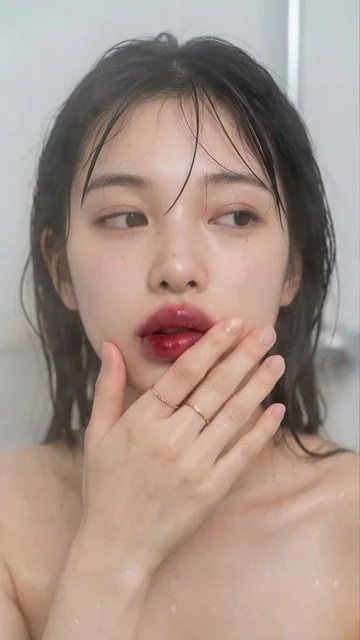 A realistic and sensual portrait in a steamy bathroom, focusing on the raw humidity and vulnerability of a moment. The image features wet skin with diffused highlights, a nude complexion contrasted with a vibrant lip gradient, and detailed water droplets for immersive realism.