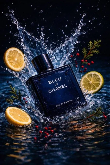 Two distinct high-end perfume bottle photography scenes. The first features a deep emerald green ribbed glass bottle with a gold cap, set on a natural stone platform in a dense, soft-focus forest with moss and pine branches. The second shows a midnight blue rectangular glass bottle amidst a dramatic