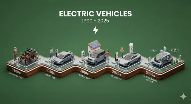 A clear 45-degree top-down isometric view of a miniature 3D diorama showing the evolution of a technology topic. It features a raised base with tiny models representing different tech eras, stylized figures, soft PBR materials, and clean futuristic lighting on a solid color background with bold titl