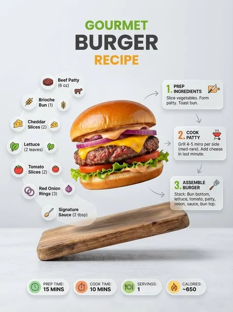 A modern recipe infographic showcasing a finished dish in perspective view, with ingredients, preparation steps, and cooking tips arranged dynamically around it using clean vector icons, numbered panels, and editorial layout design.