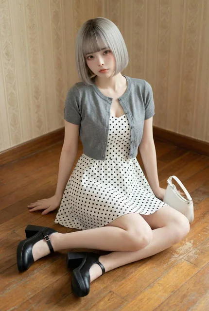 A vintage-style outfit featuring a white mini dress with black polka dots and a fit-and-flare silhouette, paired with a gray cropped cardigan, black Mary Jane shoes with chunky heels, and a clean white shoulder bag.