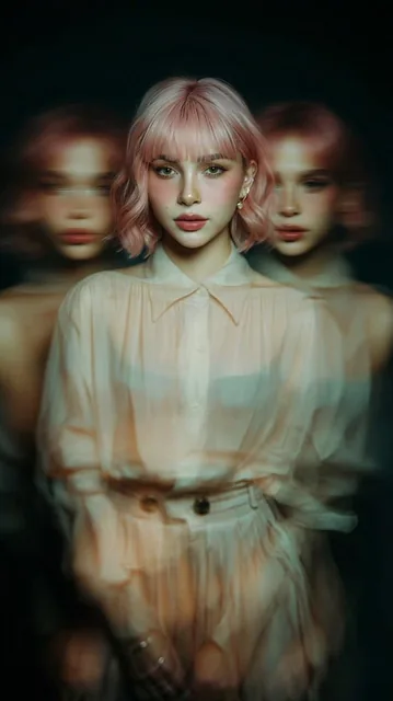 A fine-art portrait of a young woman with pastel pink hair, her sharp central image flanked by blurred, ghostly duplicates, in a dreamy, cinematic style.