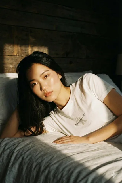 A fashion editorial portrait of a beautiful young Asian woman with long straight black hair lying on a white bed, wearing a Calvin Klein t-shirt, gazing directly at the camera under warm dramatic lighting with a sharp diagonal shadow across her face, set against a dark wooden wall background.