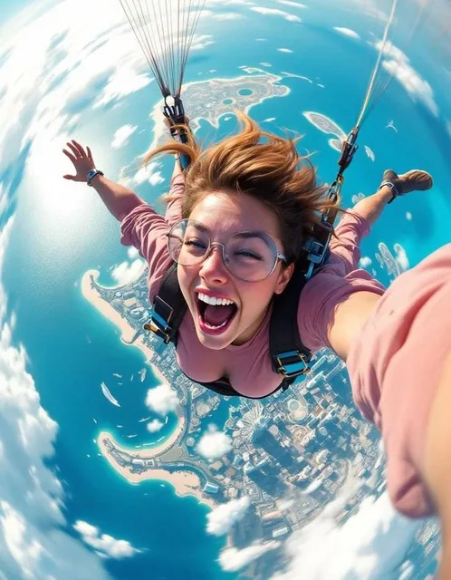 An ultra-realistic action selfie of a young woman skydiving high above a tropical coastal city and turquoise ocean, wearing clear glasses and a pink top, with hair flying upward, captured with a fisheye lens for an immersive POV.