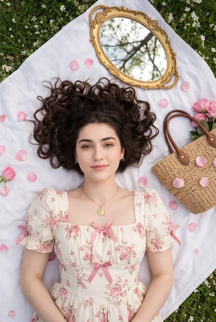 A young woman with long curly dark brown hair lies on her back on a white blanket in a garden, wearing a romantic ivory and pink floral dress with puff sleeves. She makes direct eye contact with the camera in a soft, composed expression, surrounded by scattered pink rose petals and holding a woven s