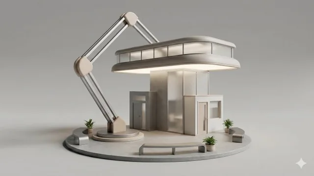 A clean, minimal 3D isometric diorama showing a household object transformed into a small architectural structure with abstracted functional elements like doors and windows, rendered with realistic materials and soft studio lighting.