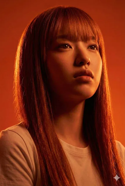 A photorealistic editorial portrait of a person based on a reference photo, shot from a low angle with a serious intense expression gazing upward. Dramatic studio lighting with chiaroscuro effect, vibrant orange and deep red color palette, strong rim light creating a halo, against a solid orange-red