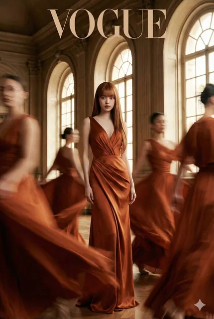 A high-fashion editorial portrait for Vogue cover set in a grand historic hall with arched windows. A confident woman, based on the uploaded reference image, wears a flowing burnt orange couture gown, standing still amidst blurred figures in similar colors, creating a dramatic contrast between motio