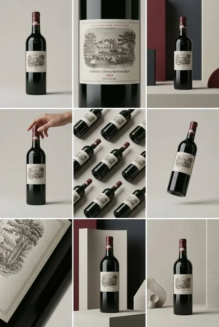 A clean 3x3 storyboard grid featuring nine high-end studio photography shots of a Château Lafite Rothschild wine bottle, showcasing form, texture, and visual rhythm in a minimalist, editorial style.