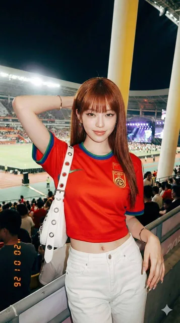 A photorealistic portrait of Sadie Sink wearing a yellow Brazil football jersey, leaning against a stadium railing at night under direct flash lighting, with a blurred crowd and architectural pillars in the background, evoking an early 2000s digicam aesthetic.