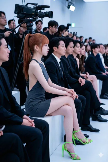 A photorealistic medium-shot side profile of a Sydney Sweeney lookalike seated in the front row of a crowded fashion event, wearing a charcoal-grey mini dress and neon green heels, with a blurred background of guests and photographers.