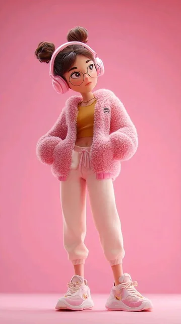 A series of high-quality 3D stylized character illustrations featuring an original cute modern girl in various outfits and moods, inspired by Pixar's style. The characters have smooth plastic skin, soft round faces, big eyes, and are set against vibrant solid color backgrounds with studio lighting.