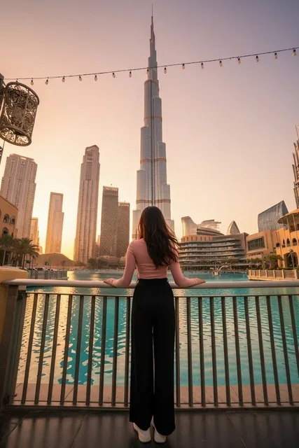 Ultra-realistic cinematic photograph of a young woman standing by the waterfront railing at Dubai Downtown, with her back to the camera, gazing at the Burj Khalifa during a golden hour sunset. She wears a blush-pink top and black wide-leg trousers, with long dark hair flowing in the breeze. The scen