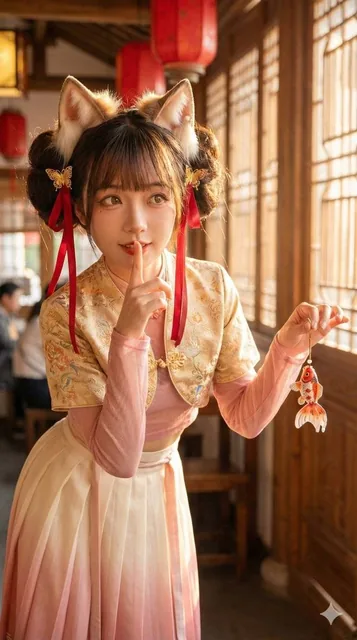 A mischievous raccoon spirit girl in a modernized Chinese hanfu, styled with fluffy double buns and cat ear hairband, making a 'shh' gesture in a traditional tea house illuminated by red lanterns and warm golden light.