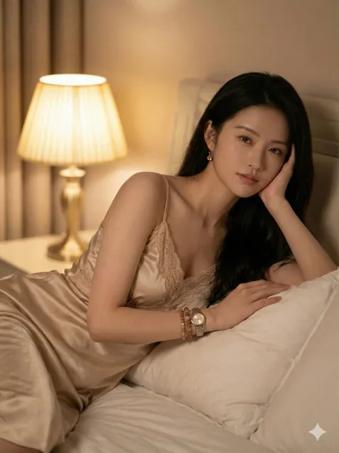 A photorealistic waist-up portrait of a slim woman with dark brown hair, wearing a soft champagne-colored silky nighty and delicate gold jewelry, in a cozy modern bedroom with warm lamp lighting, creating an intimate and calm cinematic atmosphere.