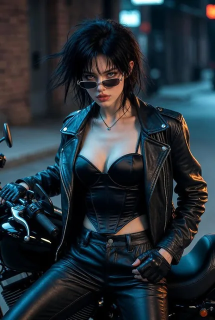 An ultra-realistic cinematic fashion portrait of a fierce young woman with Korean-inspired black hair and bold lips, wearing a black leather biker jacket and sunglasses, leaning against a Harley-Davidson motorcycle on a gritty urban night street with wet asphalt and neon lights.