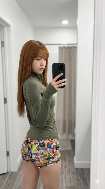A woman stands in a modern bathroom, taking a mirror selfie. She wears an olive green compression shirt and colorful booty shorts, looking over her shoulder. The photo is sharp with a soft-focus background, captured with a 35mm lens.