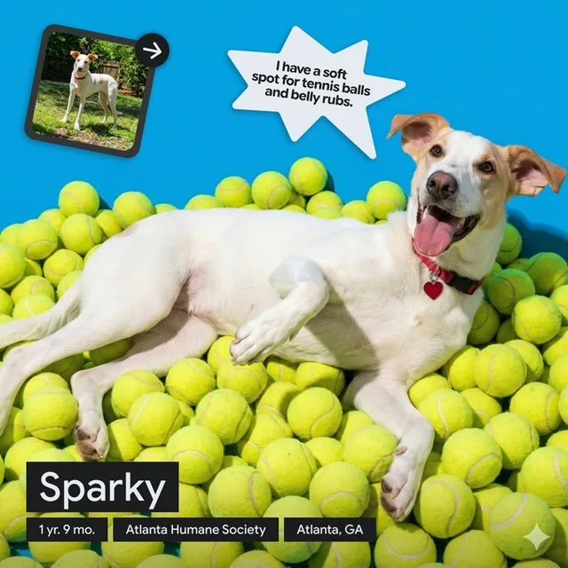 A tan medium-sized dog named Marvel wearing a red superhero cape leaps into splashing water against a bright yellow background. The smiling dog has its tongue out with a speech bubble saying 'I'd make an amazing lake dog!' and adoption information in the corner.