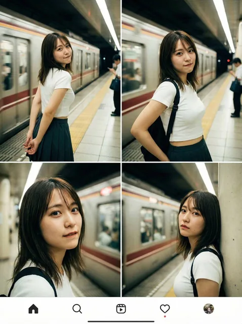 A 2x2 grid of smartphone photos showing a beautiful Japanese woman in her early 20s posing on a nighttime metro station platform. She wears a cropped white top, dark pleated skirt, knee-high socks, and a backpack. Each frame captures a different pose and expression as trains pass by with motion blur