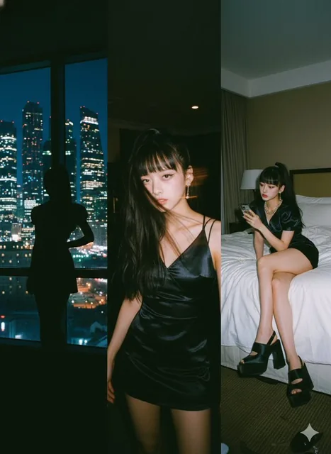 A cinematic three-photo collage featuring a glamorous young it-girl in various nightlife settings, including a silhouette against Moscow city lights, a candid flash close-up, and a moody scene on a hotel bed, all with a 2000s party aesthetic and film grain texture.