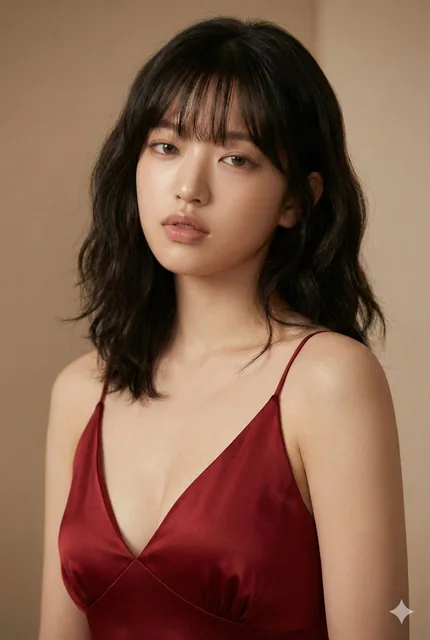 A high-end fashion portrait of Ana de Armas wearing a deep red satin slip dress with a plunging V-neck. Her dark wavy hair softly frames her face as she gazes slightly off-camera with a contemplative expression. The soft studio lighting creates a warm glow on her detailed skin and highlights her col
