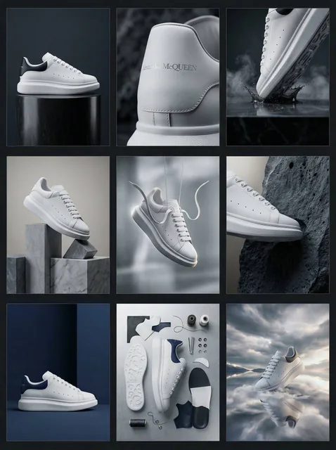 A 3x3 grid of nine hyperrealistic, cinematic images featuring the Alexander McQueen men's oversized sneaker in various high-fashion concepts, showcasing product consistency, dramatic lighting, and a luxury editorial aesthetic.