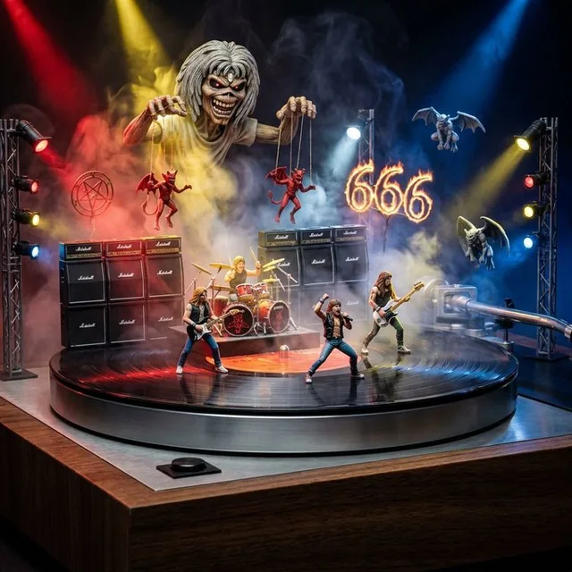 A hyper-realistic macro photograph of a vintage turntable where the spinning vinyl record serves as a stage for 1:35 scale miniature figures of Aerosmith band members performing. Massive speaker stacks rise behind them, with lyric-inspired objects floating in zero-gravity amidst atmospheric fog and