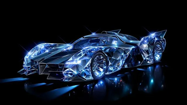 A crystal object or vehicle with a faceted diamond-cut design, showcasing ultra high-definition details, glass-like texture, and smooth polished surface under dramatic focused lighting that casts sharp shadows, creating prismatic reflections and rich luminous hues against a deep black background.