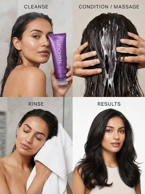 A 2x2 grid beauty campaign image for Nanogen shampoo, featuring a purple tube as the hero product and an elegant hair-care routine with a beautiful adult woman across four panels: cleansing, conditioning, rinsing, and final results, all in a high-end, photorealistic style.