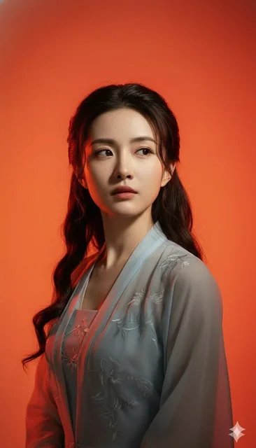 A heroic and dramatic editorial studio portrait of a person with a serious, focused expression looking up and away from the camera. The subject is shot from a low angle against a saturated solid orange-red gradient background, illuminated by strong directional chiaroscuro lighting with a powerful ri