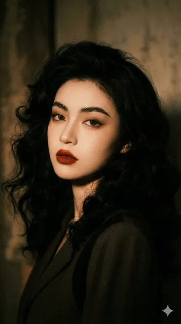 A fashion photography portrait with a 90s Hong Kong cinema aesthetic, featuring a subject with voluminous wavy black hair, soft-focus matte skin, melancholic eyes, and iconic brick-red lips under warm cinematic tungsten lighting with dramatic shadows.