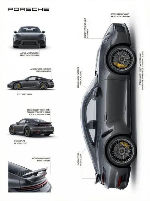 A minimalist, high-end product presentation layout featuring a large photorealistic main product render on the right, with multiple auxiliary views stacked vertically on the left, all set against a pure white background. The product is annotated with thin gray vector lines and precise, factual label