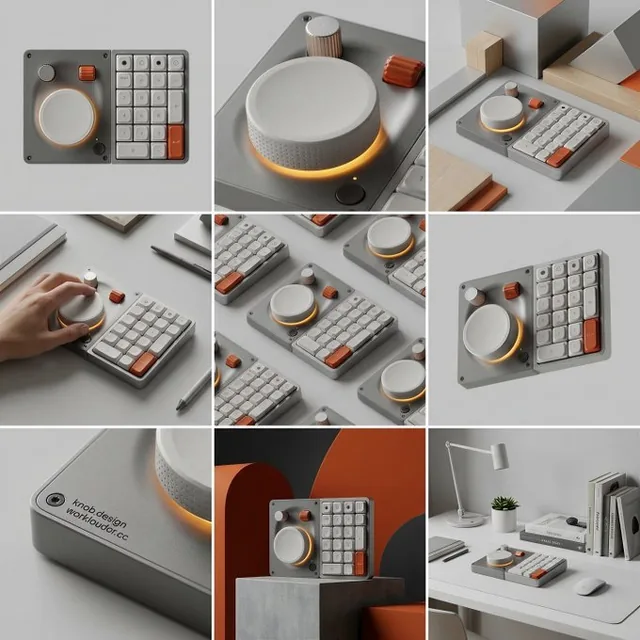 A clean 3x3 storyboard grid showcasing a high-end product from nine different perspectives in a cohesive studio setting, focusing on form, materials, and design presentation.