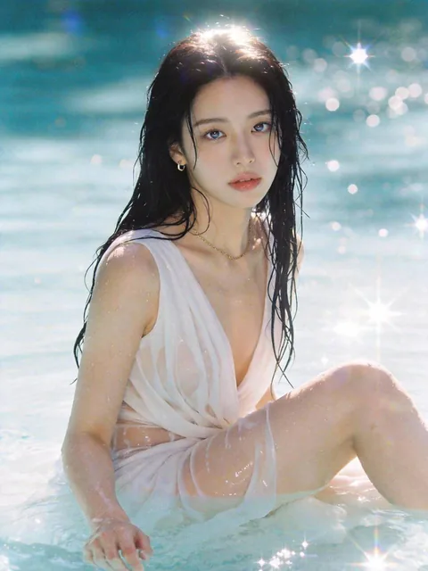 A Korean K-pop female idol sits in a minimalist pale blue pool, wearing a wet white sheer dress. Her wet black hair frames her delicate face with glass skin and dreamy expression. Midday sunlight creates sparkling bokeh and reflections on the water, rendered in a soft-focus, high-key photographic st