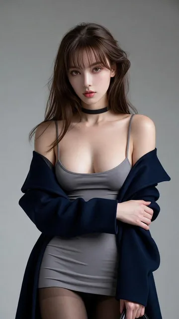 A hyper-realistic full-body fashion portrait of a confident woman with long brown hair, wearing a grey mini dress and a navy blue coat off the shoulders, standing against a minimalist gray studio backdrop with soft lighting.
