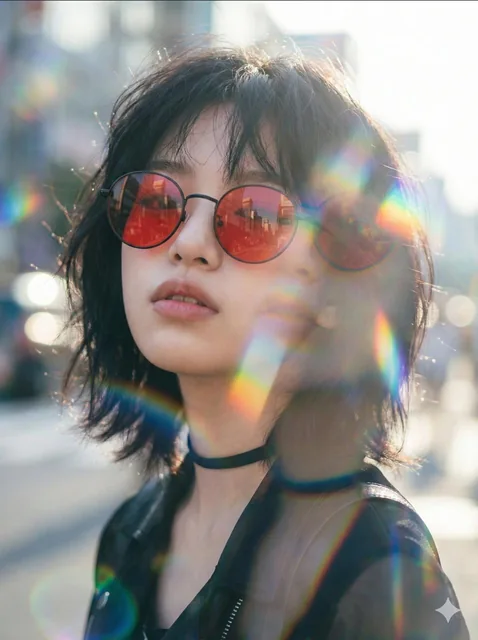 A cinematic portrait of a stylish young woman in an urban street, featuring strong prism light refraction effects with rainbow flares, light streaks, and chromatic distortions across the frame.